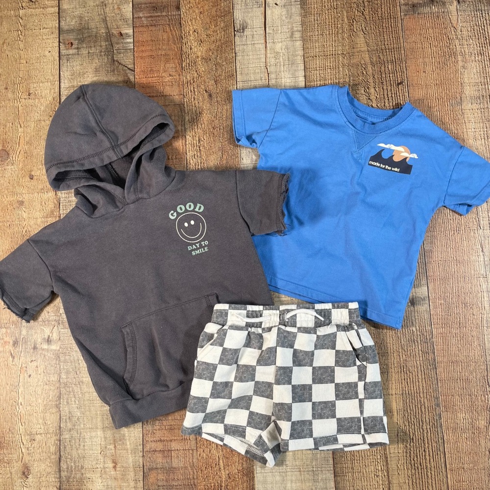 Grayson Mini Toddler Boy 2T 3pc Set Blue Graphic Tee Gray Hoodie Checkered Short